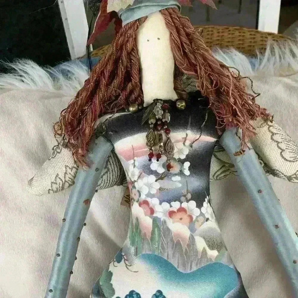 Primitive Christmas Angel Doll Handmade Decoration Folk Art Long Legs Patchwork - Picture 9 of 11